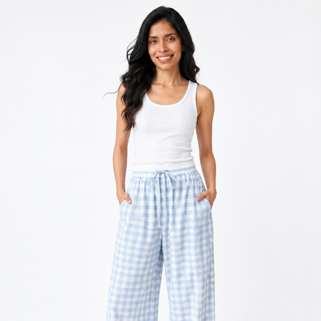 Blue white top Classic Gingham Lounge Cotton Sets