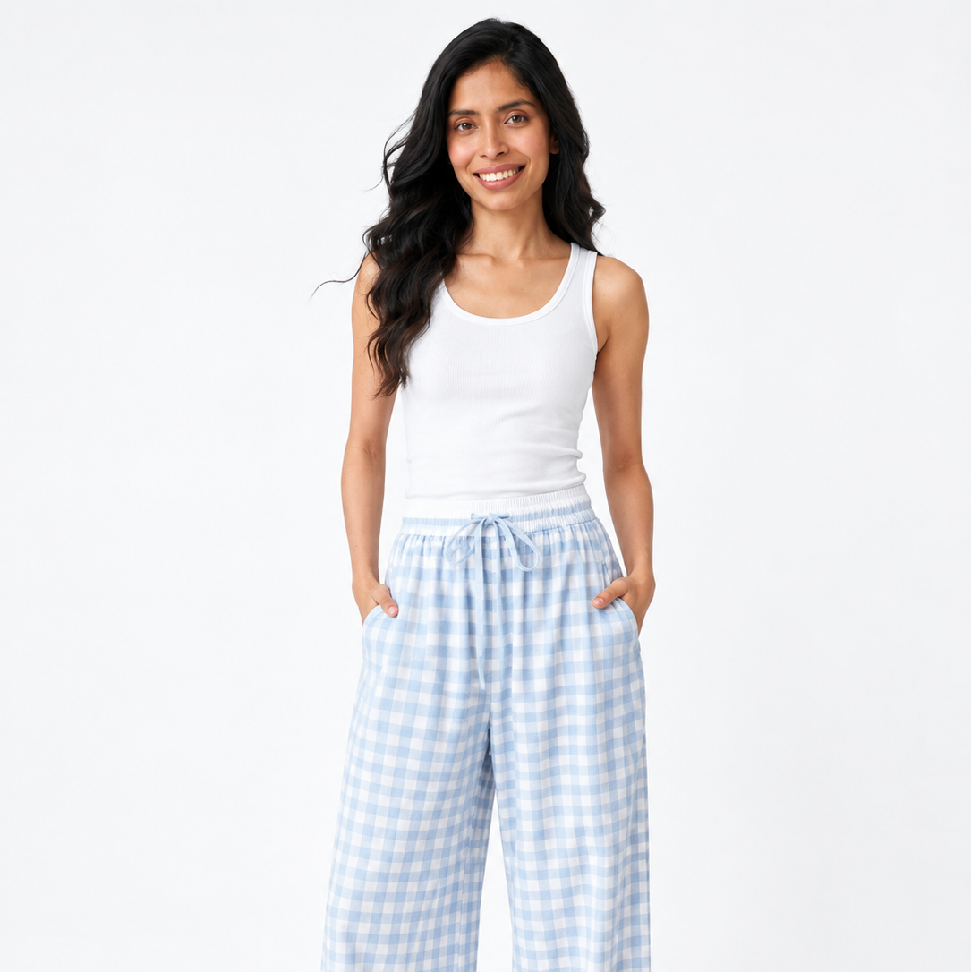 Blue white top Classic Gingham Lounge Cotton Sets