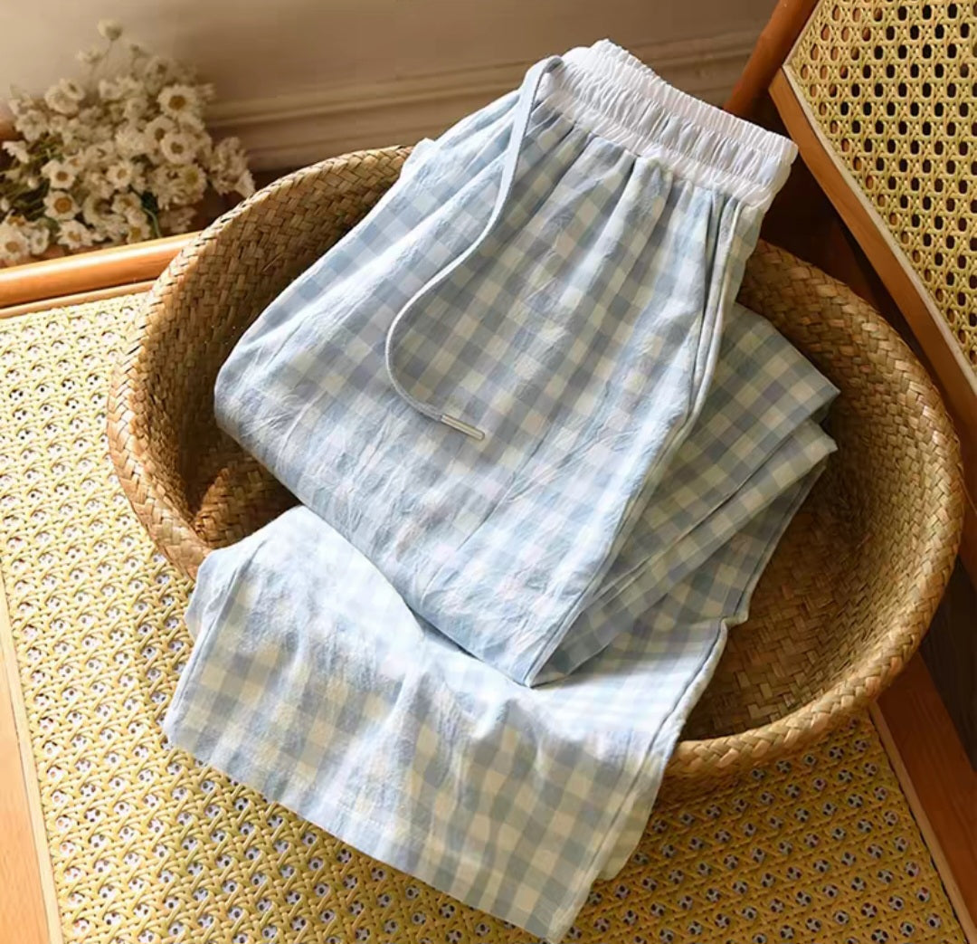 Blue white top Classic Gingham Lounge Cotton Sets