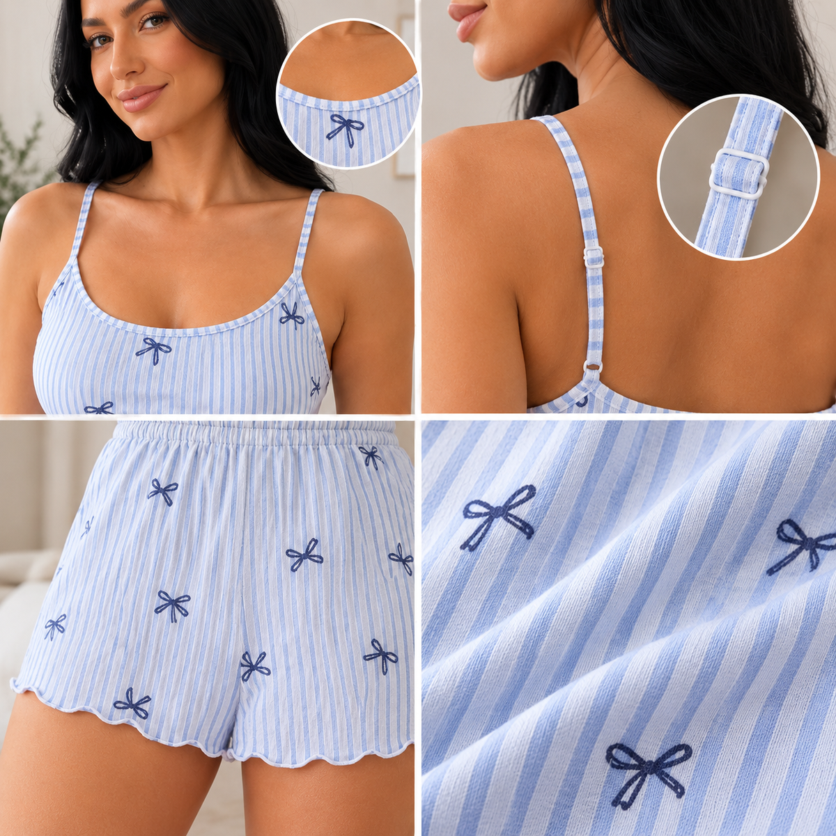Blue bow Cami top & Shorts Loungewear Set