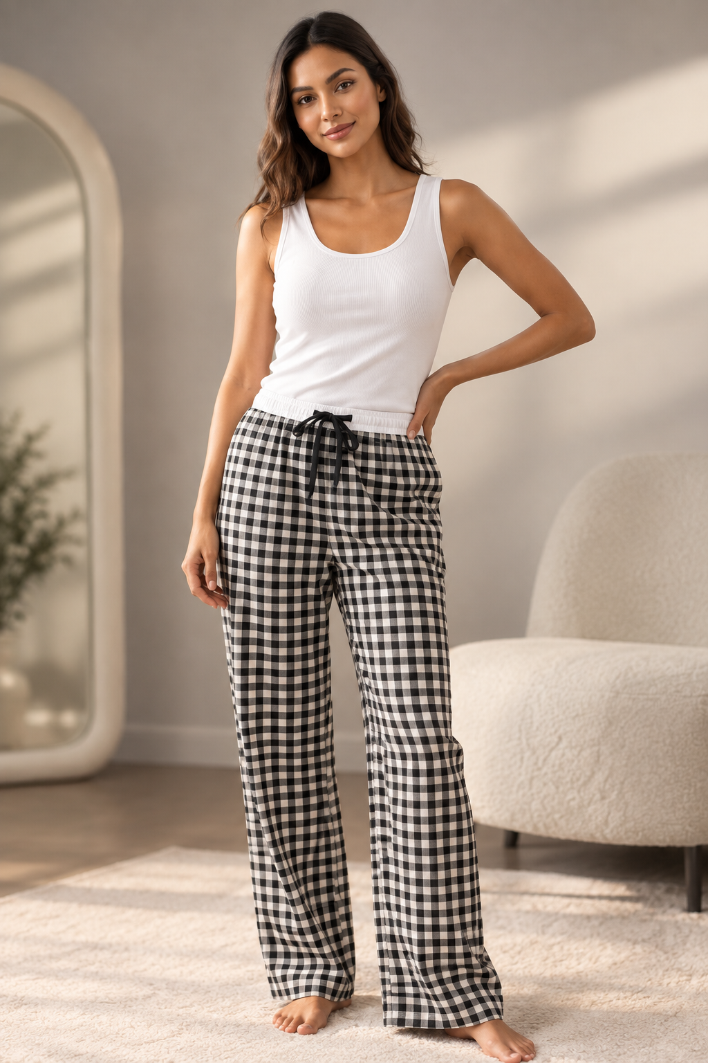 Black white top Classic Gingham Lounge Cotton Sets