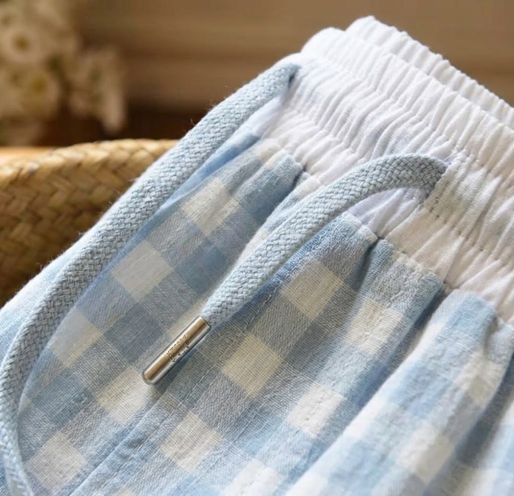 Blue white top Classic Gingham Lounge Cotton Sets