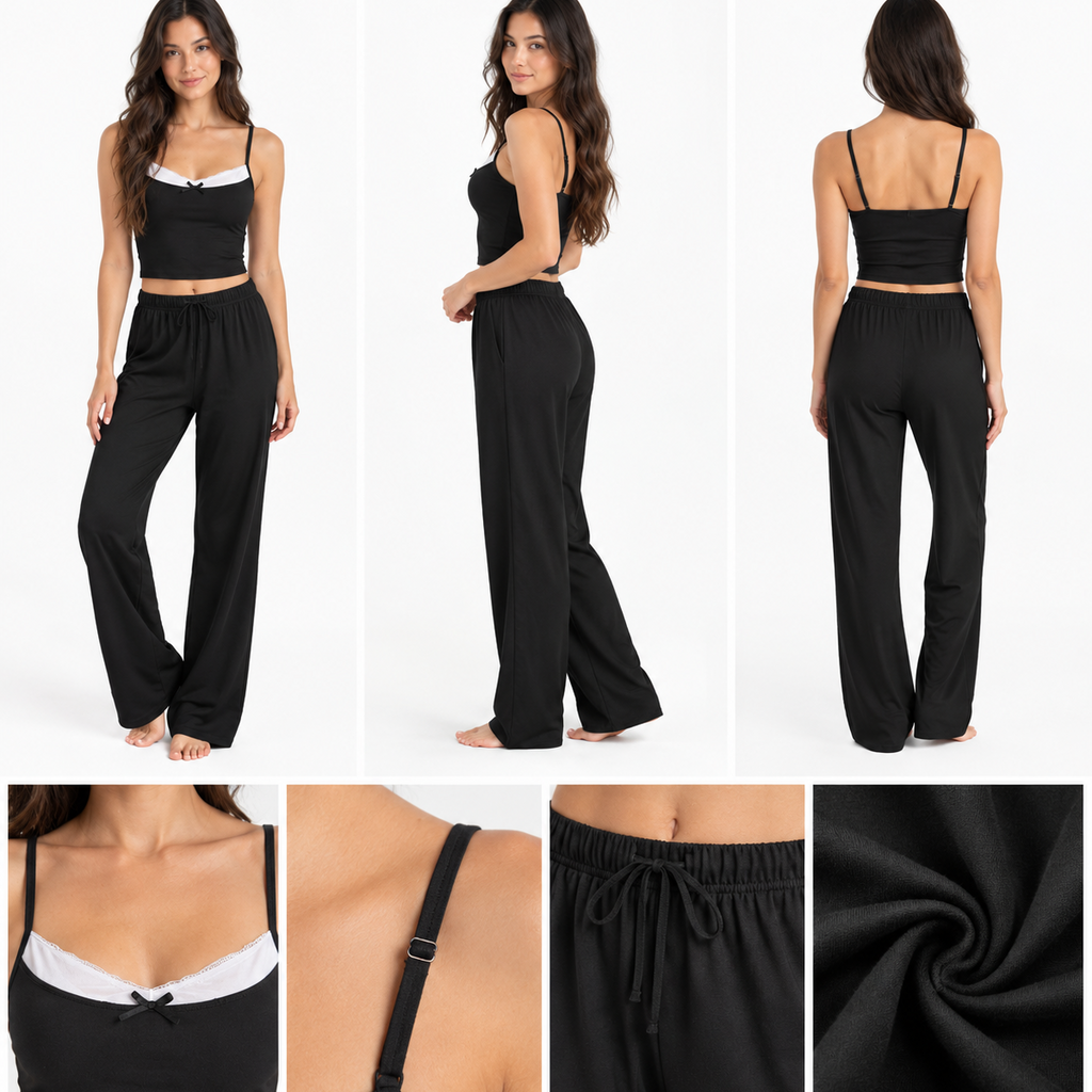 Black top white lace and long pants lounge wear sets