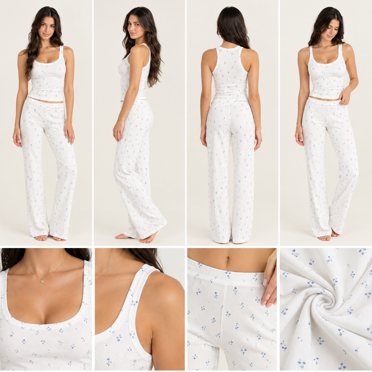 Creme blue flower lounge wear sets