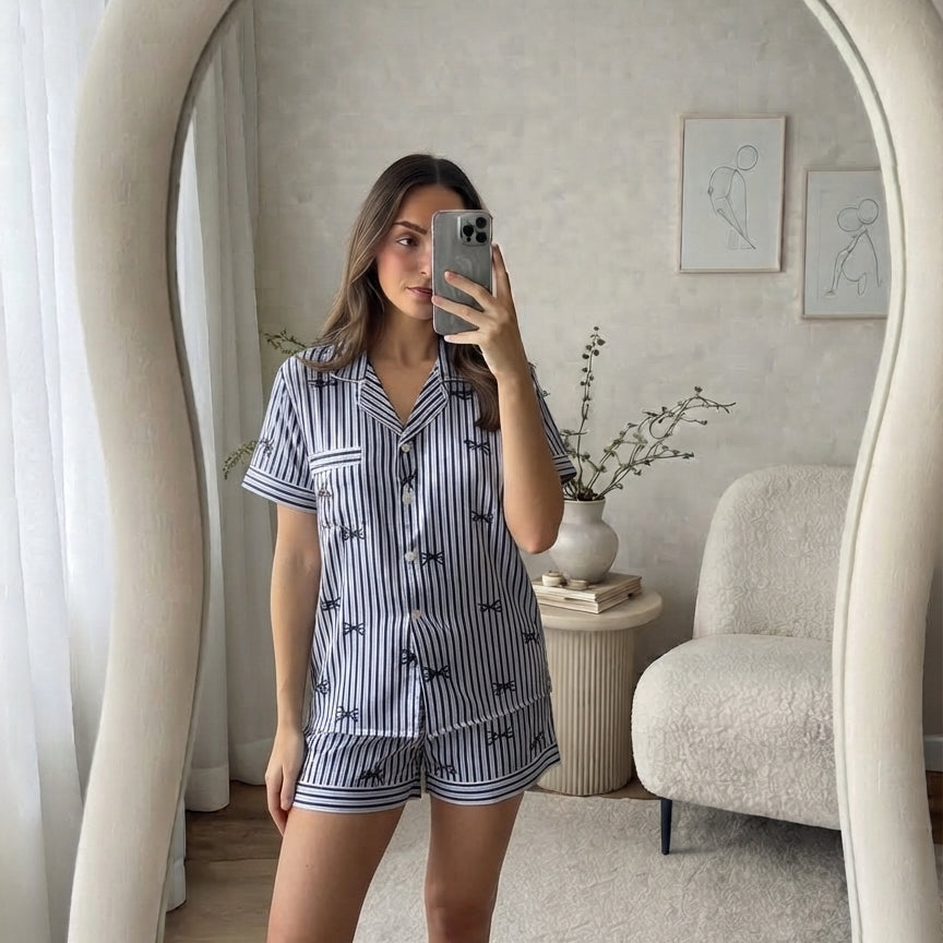 Blue striped bow satin pajama set