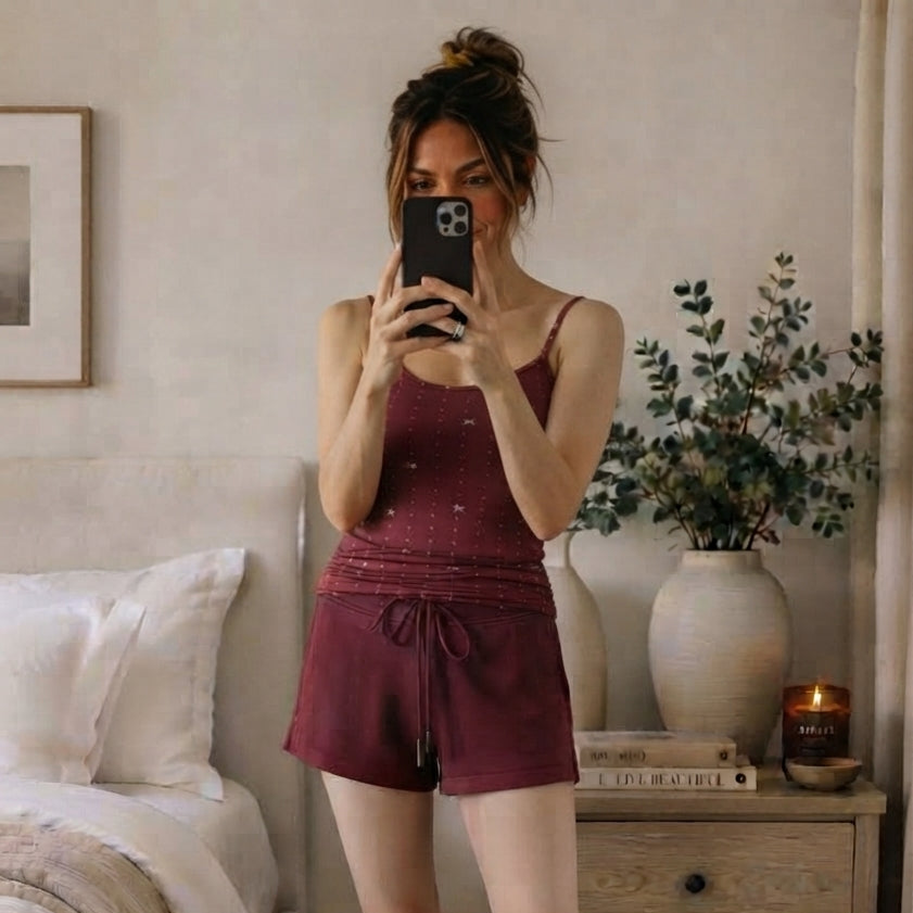 White ow Print Camisole & Lounge Shorts Set - 100% Cotton Pajama
