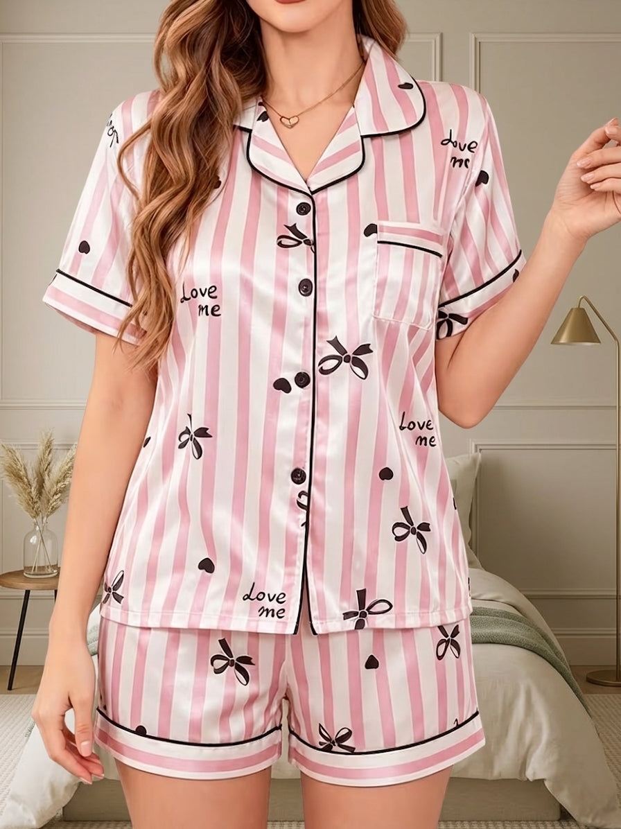 Pink black bow satin pajama