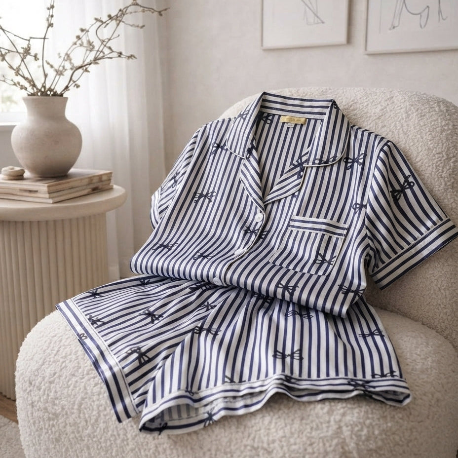 Blue striped bow satin pajama set