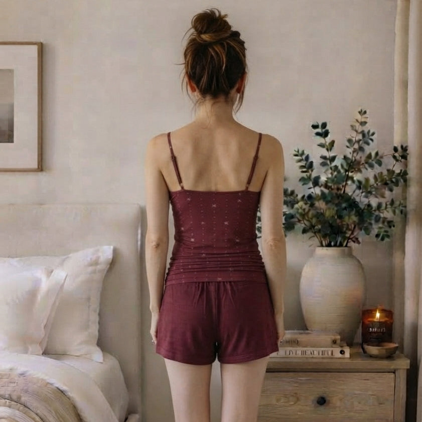 White ow Print Camisole & Lounge Shorts Set - 100% Cotton Pajama