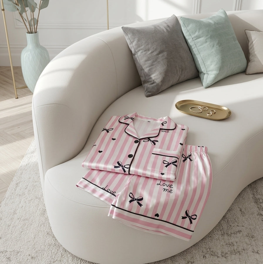 Pink black bow satin pajama