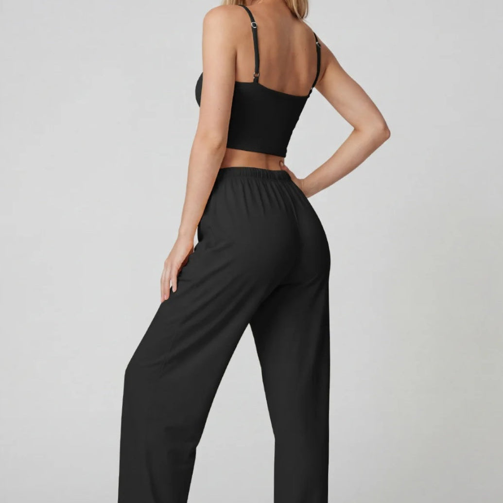 Black top white lace and long pants lounge wear sets