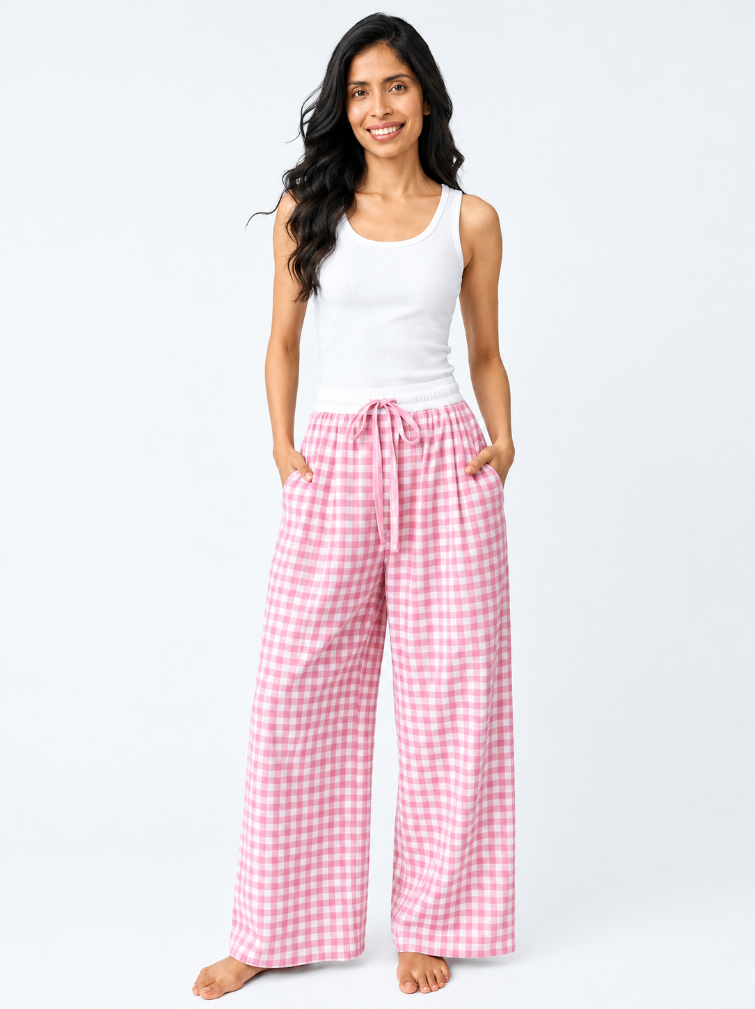 Pink white top Classic Gingham Lounge Cotton Sets