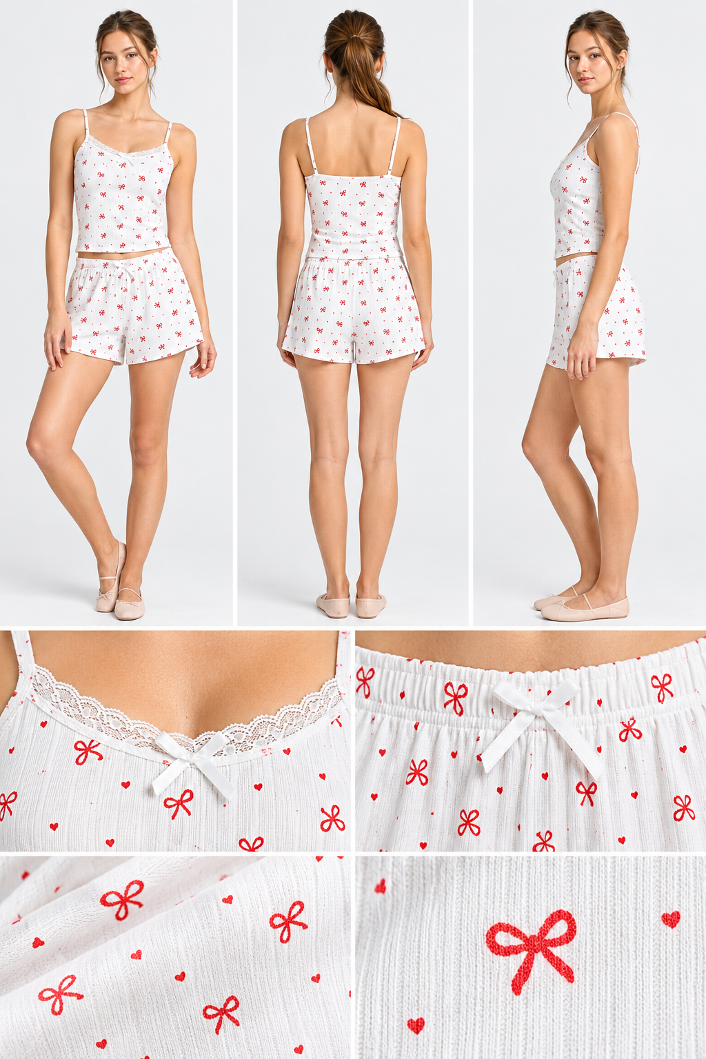 White with Red bow Camisole Sets