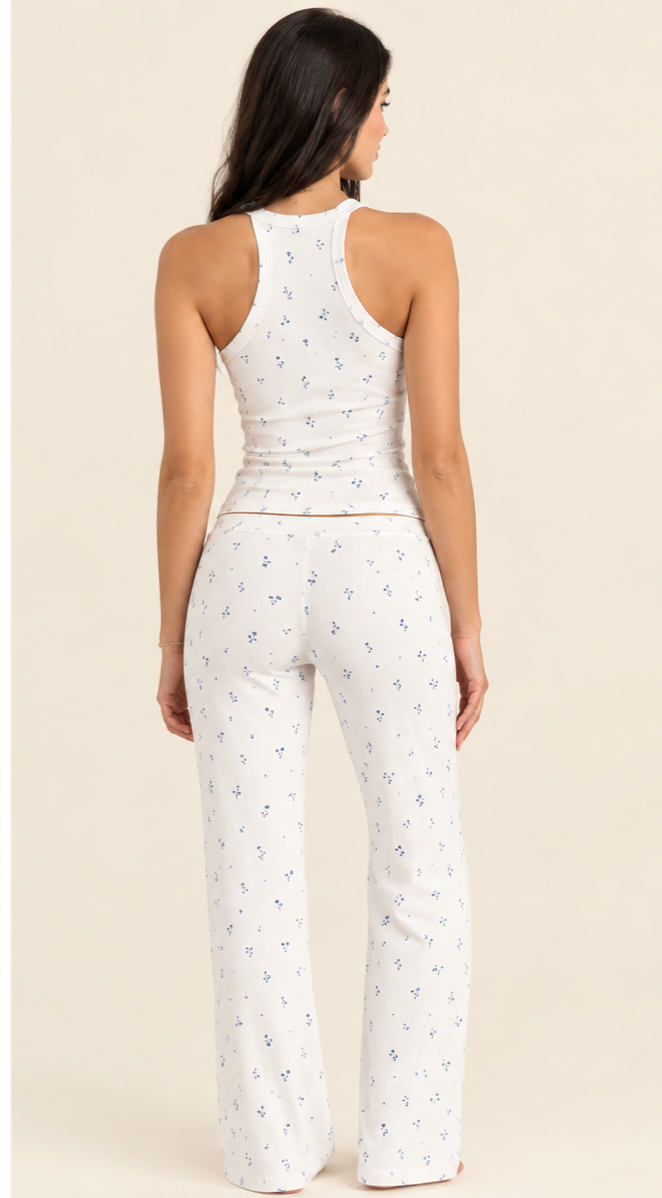 Creme blue flower lounge wear sets