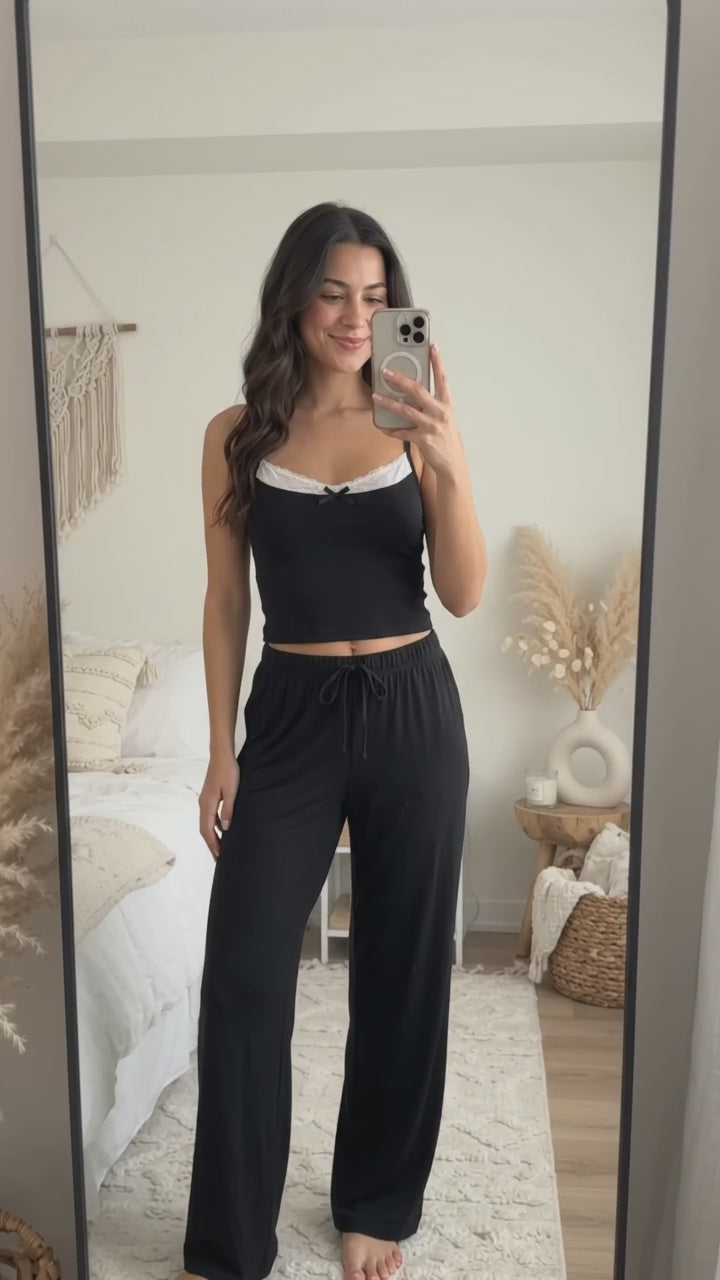 Black top white lace and long pants lounge wear sets